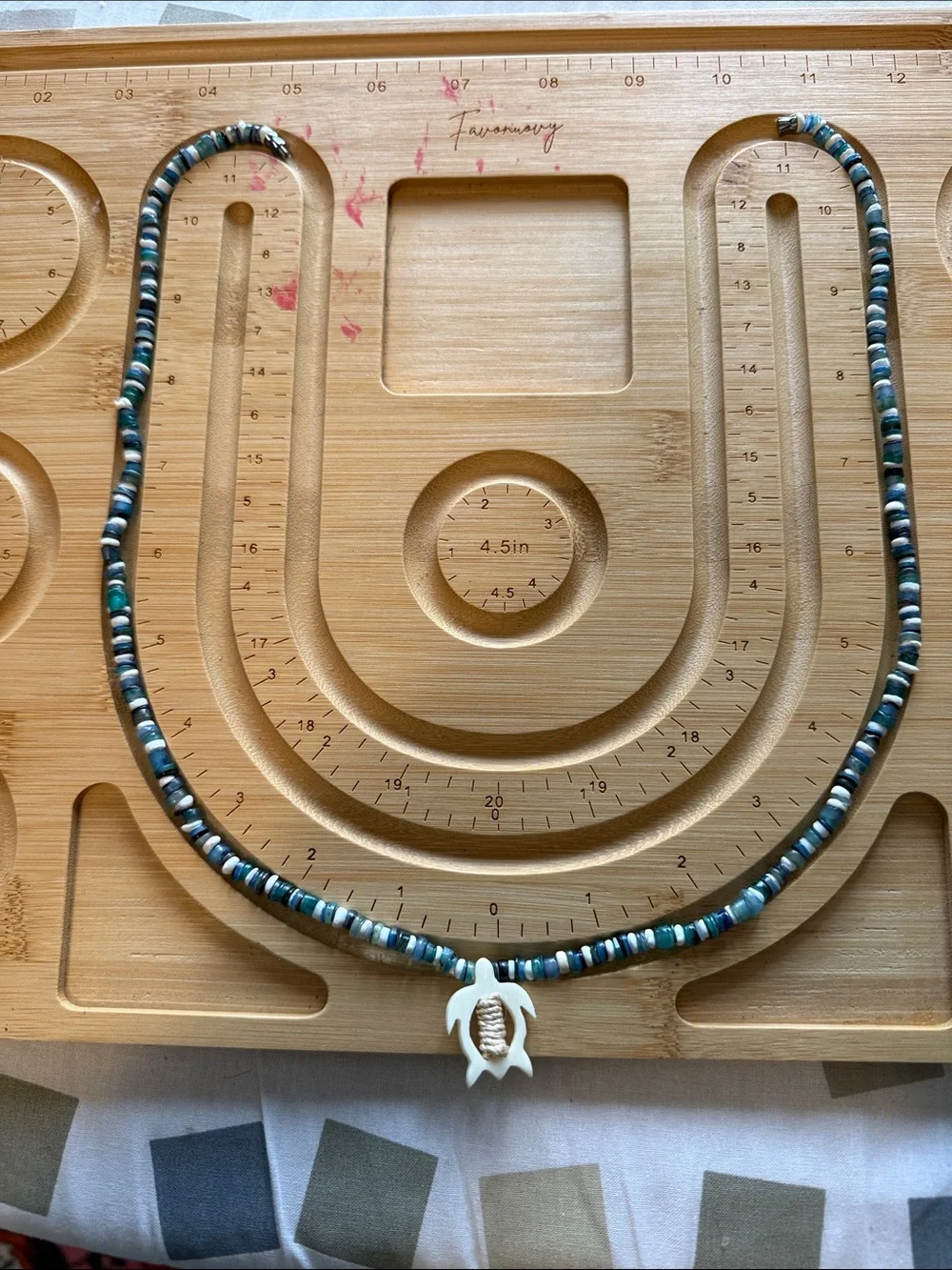 Hand Crafted Beaded Necklace with Turtle Pendant in Teal, Black and White